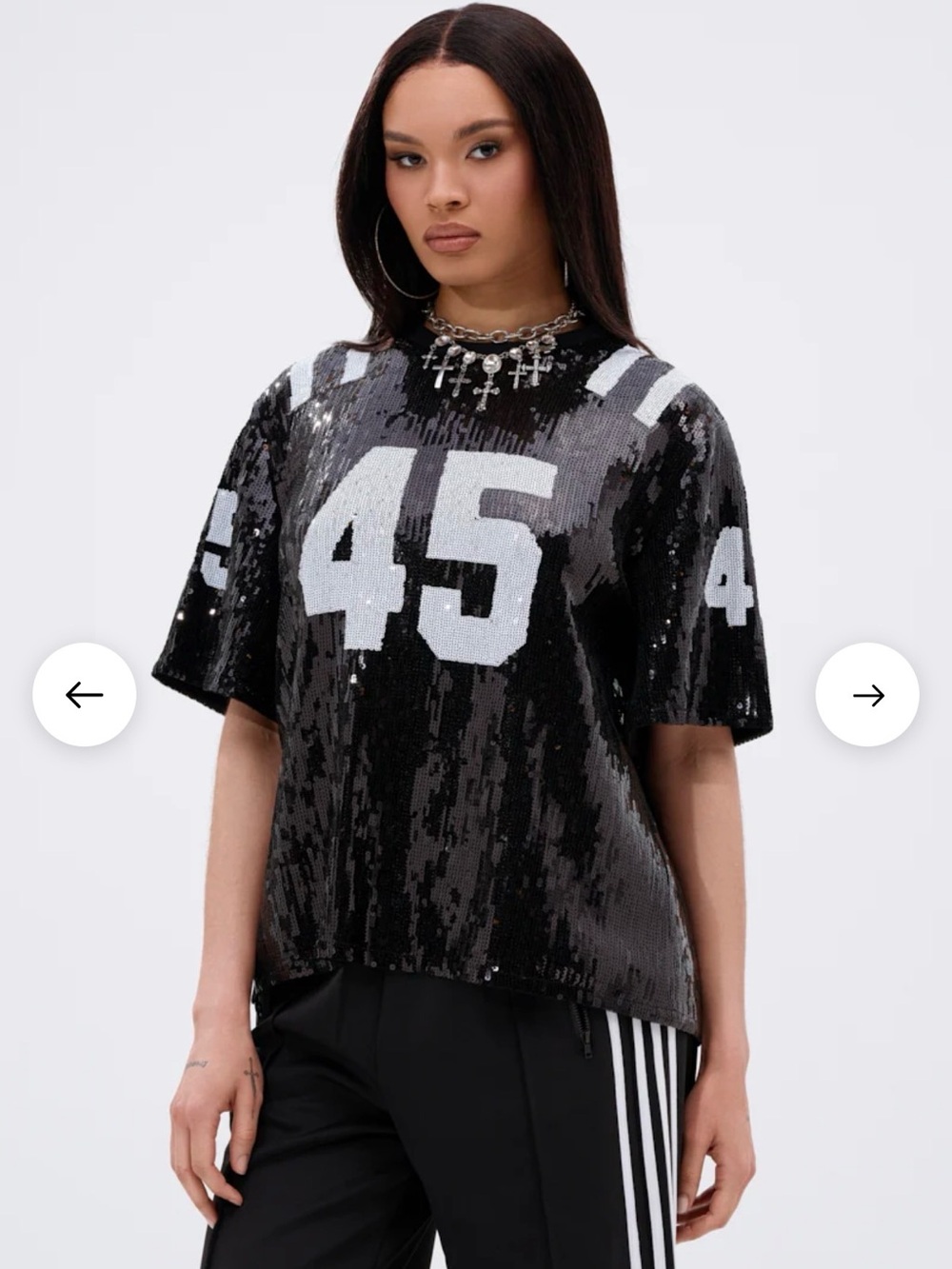 Akira | Sequin Football Jersey Top - Black/Silver | Size L/XL